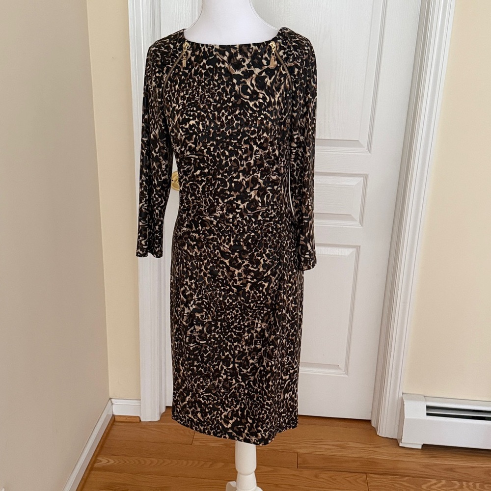 Joseph Ribkoff Brown and Black Leopard Print Long Sleeve elegant dress gold zipp